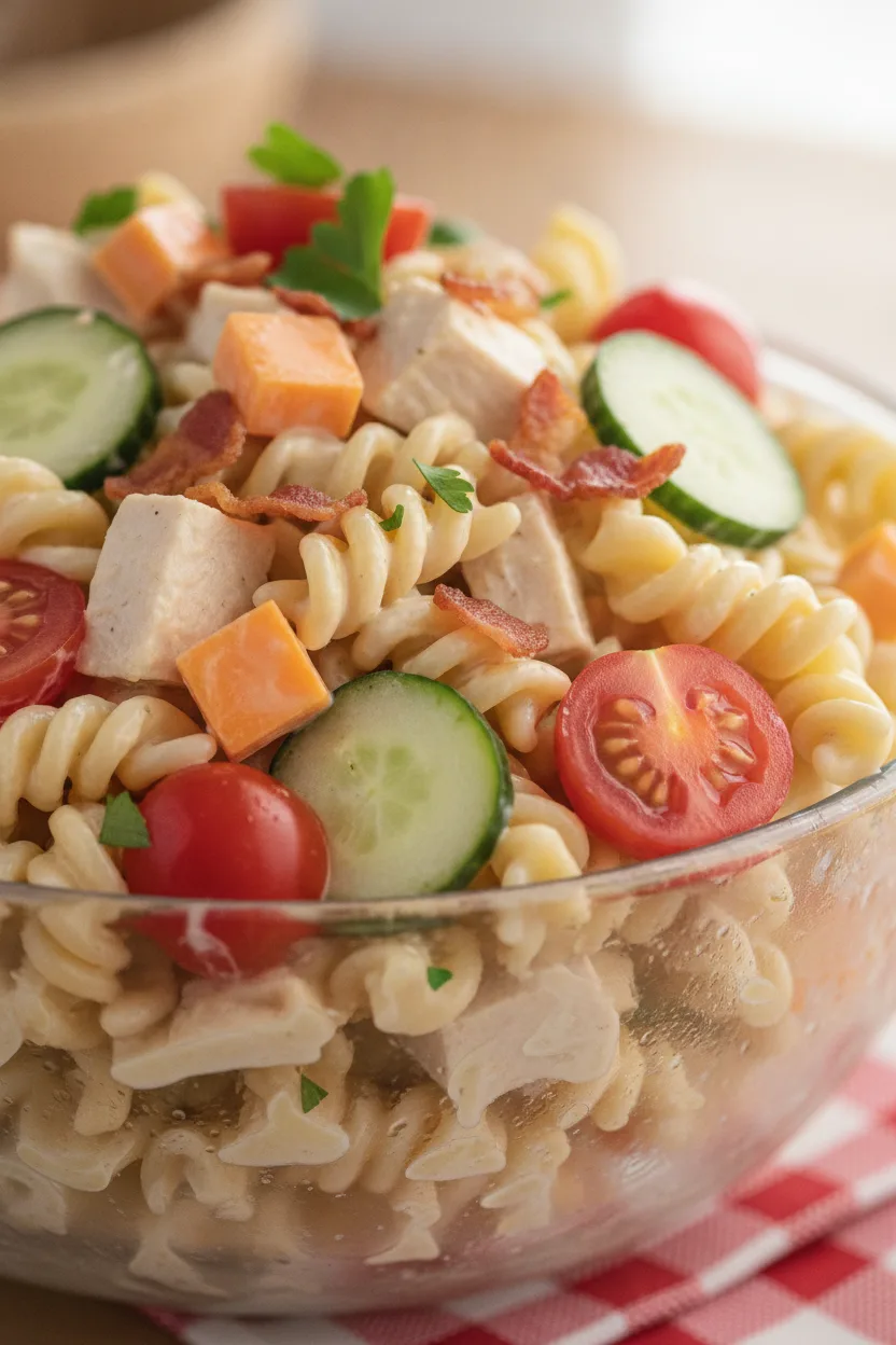 A generous portion of creamy Chicken Ranch Pasta Salad with turkey bacon, featuring rotini pasta coated in a thick dressing, mixed with chunks of chicken breast, cheddar cheese, cucumber, cherry tomatoes, and bacon bits, garnished with parsley, served in a clear glass bowl.