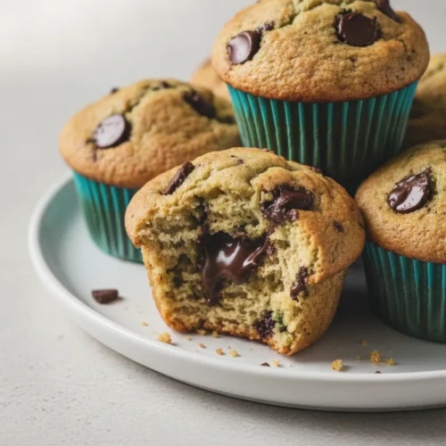 Close-up of freshly baked chocolate chip zucchini muffins on a white ceramic plate, one muffin clearly bitten into showing a tender interior with melted chocolate chips. Editorial food photography style.