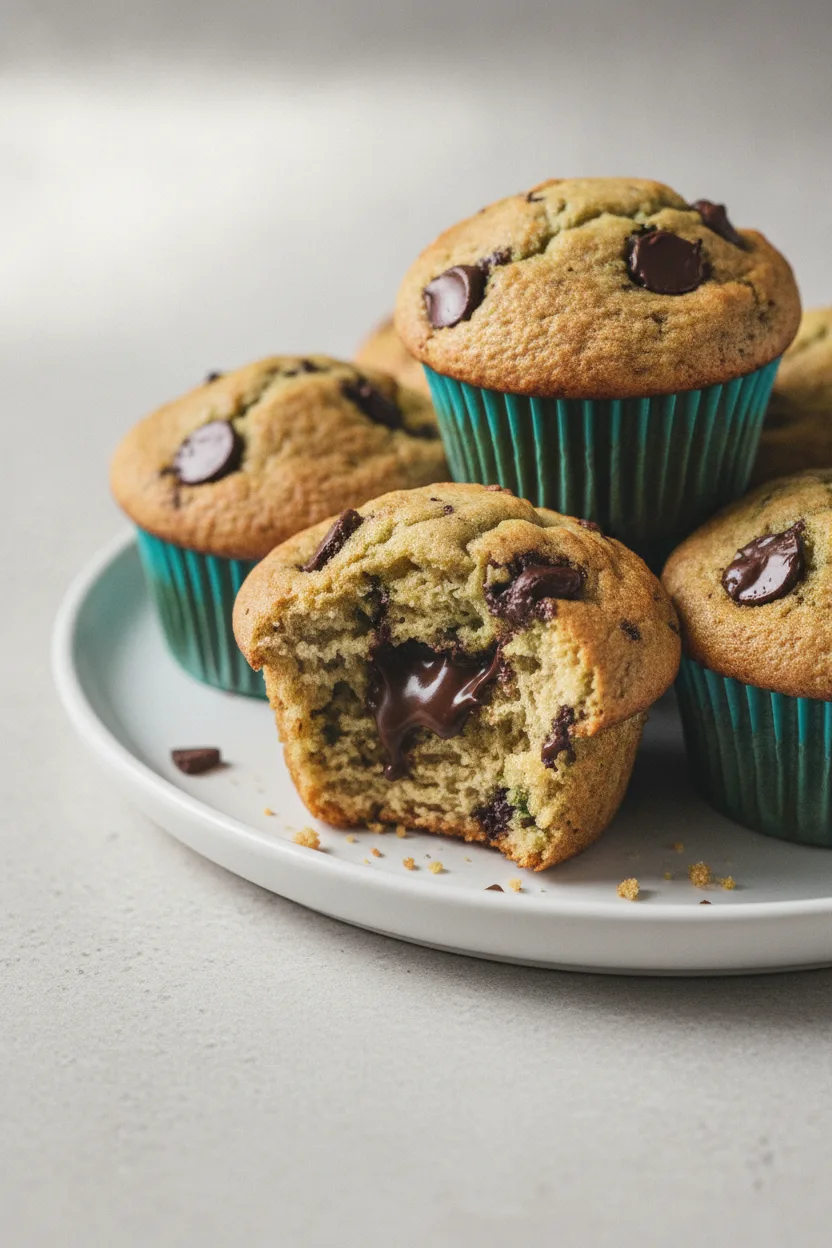 Close-up of freshly baked chocolate chip zucchini muffins on a white ceramic plate, one muffin clearly bitten into showing a tender interior with melted chocolate chips. Editorial food photography style.