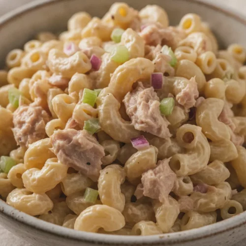 A close-up, editorial-style photograph of classic tuna macaroni salad in a rustic ceramic bowl. The macaroni elbows are coated in a creamy dressing, with visible flecks of tuna and subtle diced celery. Soft, warm lighting highlights the texture and creamy consistency of the dish.
