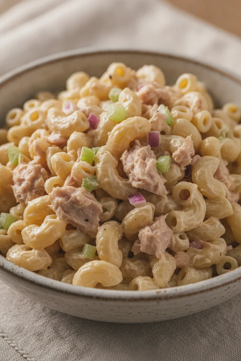 A close-up, editorial-style photograph of classic tuna macaroni salad in a rustic ceramic bowl. The macaroni elbows are coated in a creamy dressing, with visible flecks of tuna and subtle diced celery. Soft, warm lighting highlights the texture and creamy consistency of the dish.