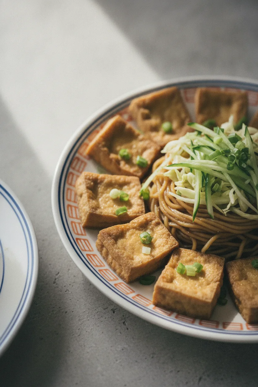 A delicious Cold Soba Noodle Teriyaki Bento box featuring perfectly fried golden tofu pieces, coiled soba noodles, crisp cucumber, shredded cabbage, and scattered green onions, presented in a hand-held ceramic plate with a decorative rim.