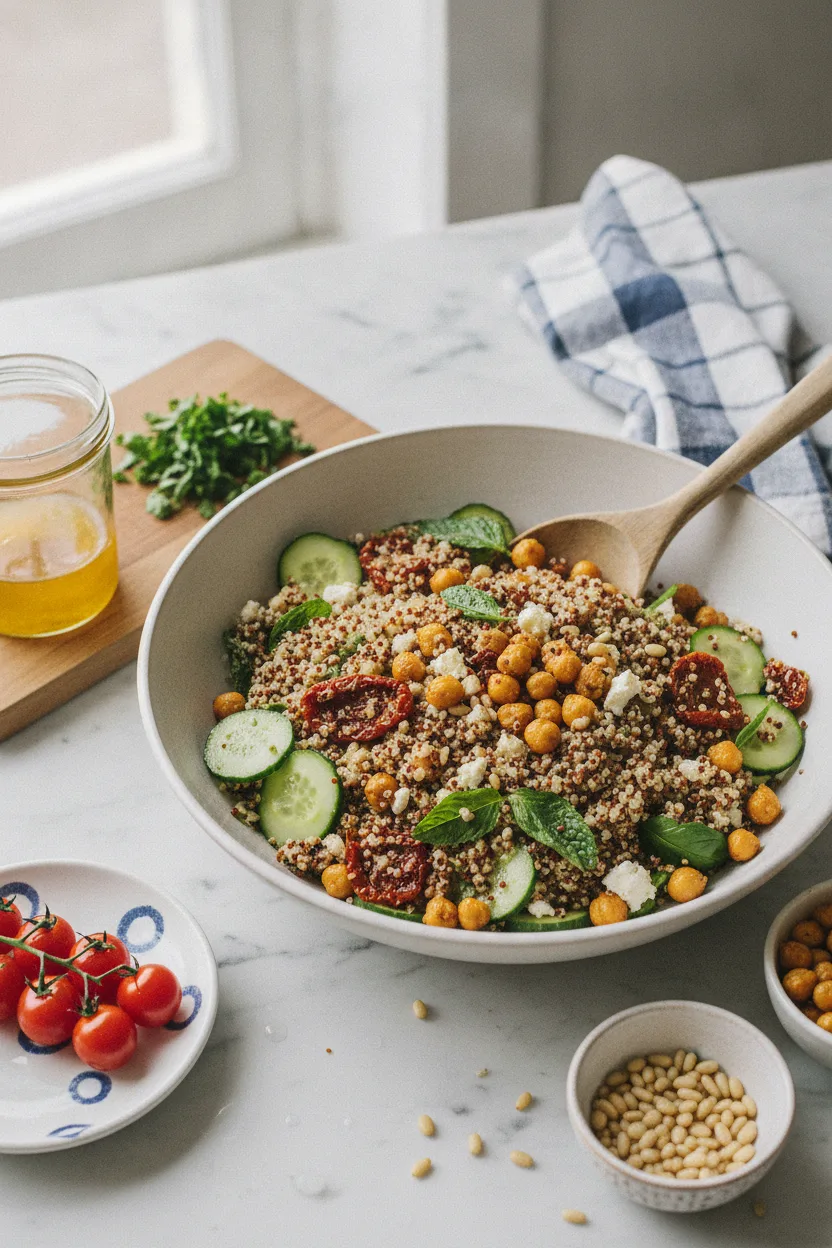 A vibrant Mediterranean Quinoa Salad Bento featuring quinoa, chickpeas, cucumber, sun-dried tomatoes, mint, and feta cheese in an off-white ceramic bowl. A wooden spoon rests in the salad, with props like a vinaigrette jar, herbs, cherry tomatoes, and pine nuts arranged around it on a marble surface.