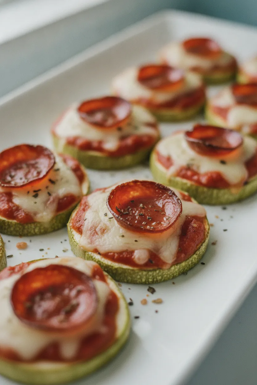 A close-up shot of delicious mini zucchini pizza bites topped with melted mozzarella cheese, savory beef pepperoni, and a sprinkle of herbs, presented on a white ceramic platter. The appetizer is shot with a shallow depth of field, highlighting the appetizing textures.