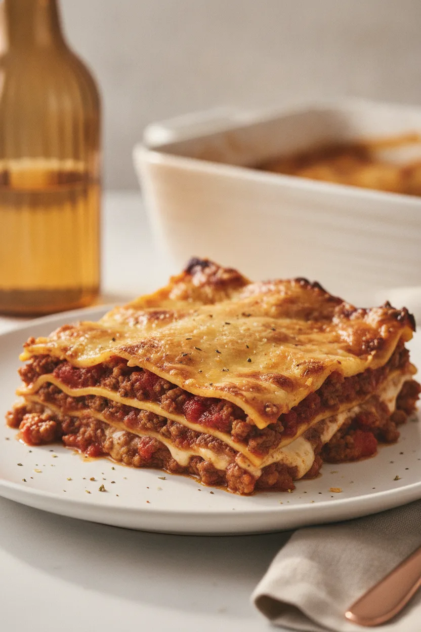 Close-up of a generous slice of no-noodle zucchini lasagna on a white plate, showcasing golden-brown baked top layer, rich tomato sauce, seasoned meat, and visible layers of zucchini instead of pasta. The image has soft, natural lighting and a blurred background.