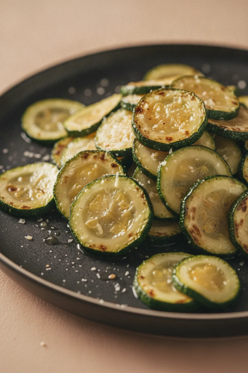 A generous pile of thinly sliced roasted garlic parmesan zucchini rounds, showing visible crisping and light browning on the edges, with a slight sheen of oil and seasoning. The zucchini is presented on a dark, matte plate against a soft, out-of-focus peachy-pink background.