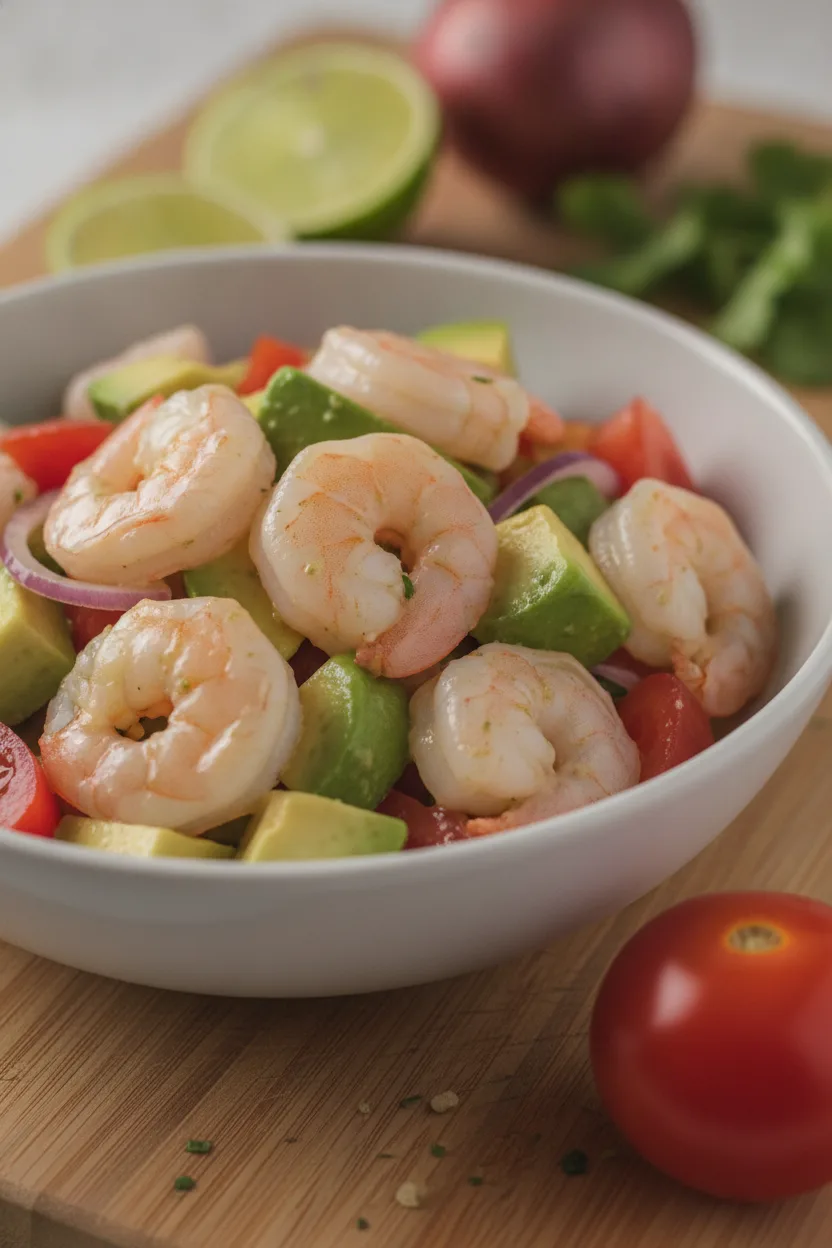A fresh and vibrant Shrimp and Avocado Salad Bento box, featuring cooked shrimp, creamy avocado, juicy tomatoes, and red onion slivers in a white ceramic bowl, resting on a wooden surface with a spoon and garnished with cilantro. The salad is topped with a light dressing.