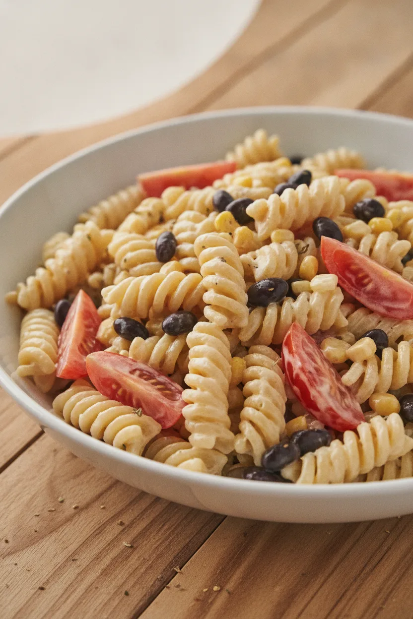 Close-up shot of a vibrant Southwest Black Bean Pasta Salad in a white ceramic bowl, featuring rotini pasta coated in a creamy dressing, plump black beans, glossy corn kernels, and fresh tomato slices. The salad is generously portioned and presented on a rustic wooden plank surface.