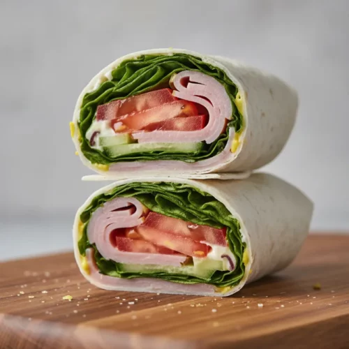 Two halves of a tuna salad lettuce wrap bento, cut to show layers of ham, lettuce, tomato, and cucumber, drizzled with mustard and mayonnaise, resting on a rustic wooden board.