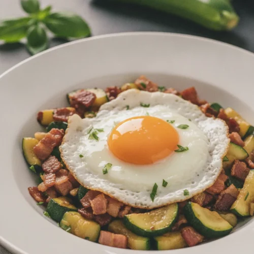 A close-up, editorial shot of a Turkey Bacon and Zucchini Hash served in a white bowl, topped with a perfectly fried egg. The hash features tender-crisp zucchini and savory turkey bacon bits, scattered with fresh green herbs. A shiny silver fork rests in the scramble.