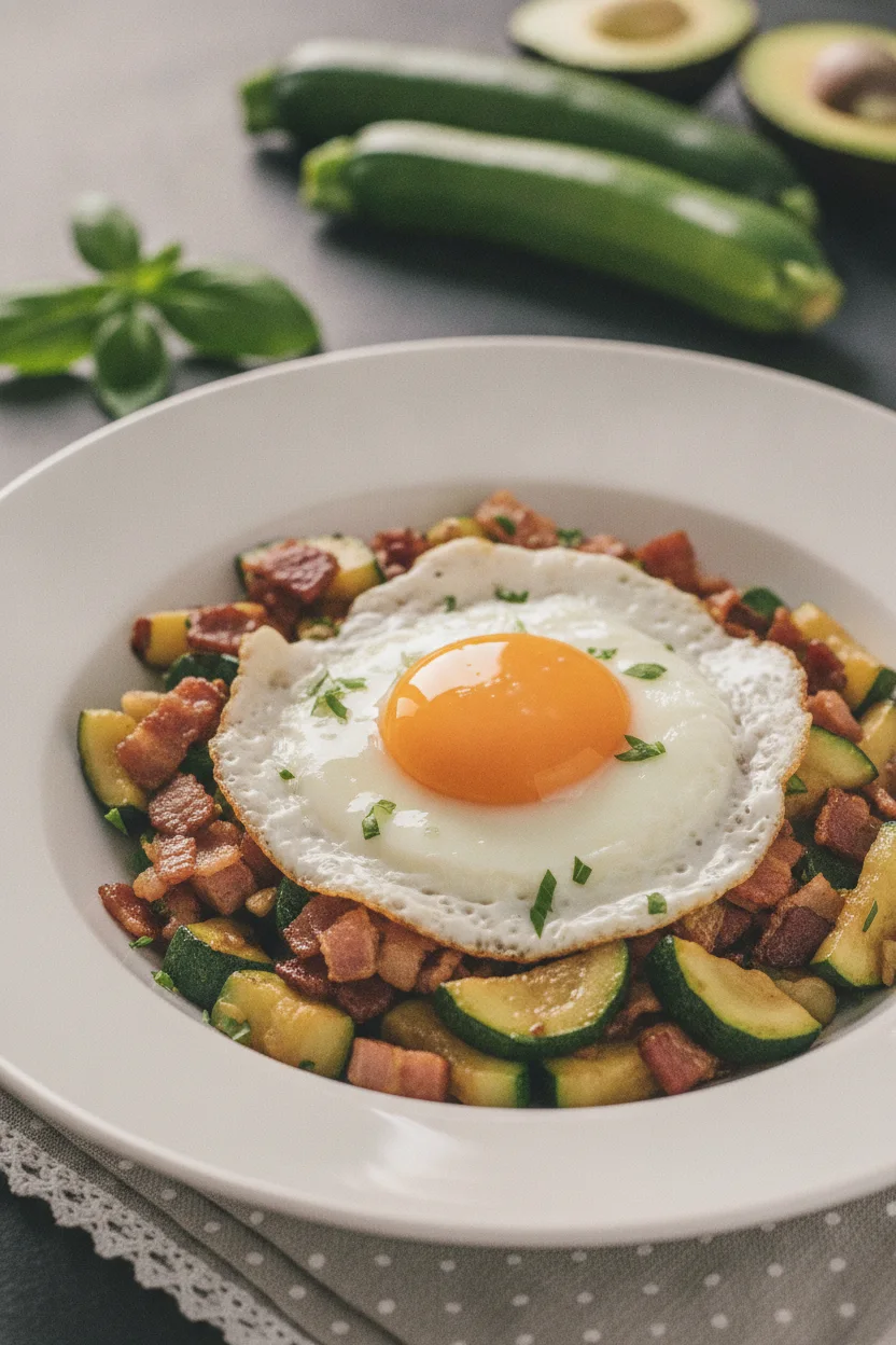 A close-up, editorial shot of a Turkey Bacon and Zucchini Hash served in a white bowl, topped with a perfectly fried egg. The hash features tender-crisp zucchini and savory turkey bacon bits, scattered with fresh green herbs. A shiny silver fork rests in the scramble.