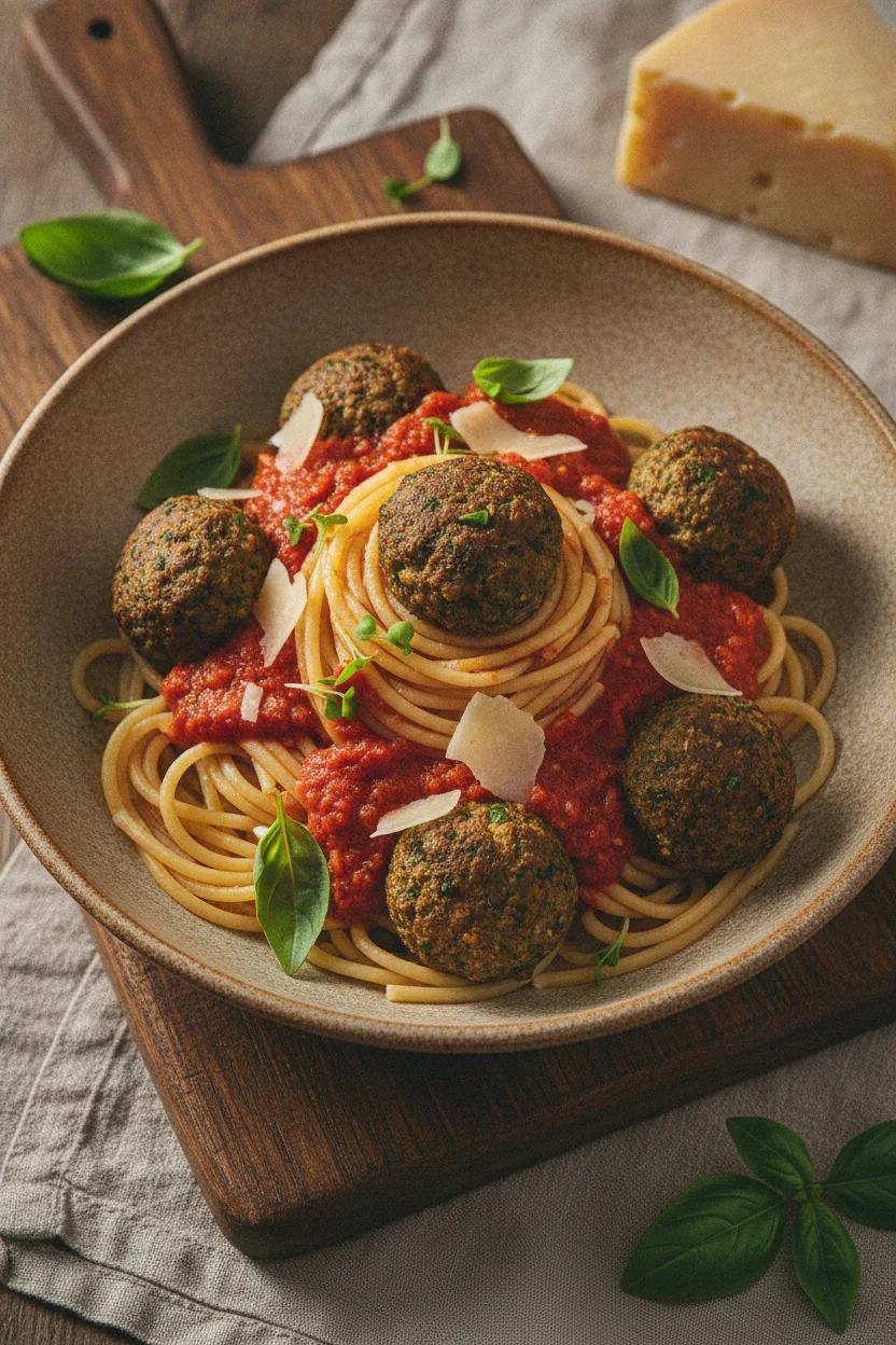 Close-up overhead shot of vegetarian zucchini meatballs in a rustic bowl of spaghetti, topped with rich tomato sauce and shaved Parmesan cheese. Fresh basil and microgreens garnish the dish.