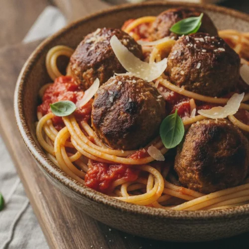 A close-up, rustic food photography shot of vegetarian zucchini meatballs served with glossy spaghetti and rich tomato sauce, topped with Parmesan shavings and fresh basil. The dish is presented in an earthenware bowl on a weathered wooden board, with a fork partially submerged in the pasta.