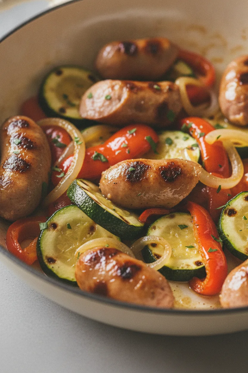 A close-up, editorial-style photograph of a Zucchini and Turkey Sausage Skillet meal. Sliced turkey sausages, showing visible char marks and rendered fat, are mixed with glossy red bell peppers, tender-crisp zucchini slices with grill marks, and translucent, slightly caramelized onions. Fresh green herbs are generously sprinkled on top. A brushed gold serving fork is visible at the bottom, scooping up some of the mixture. The food is presented in a light-colored pan against a clean, neutral background.